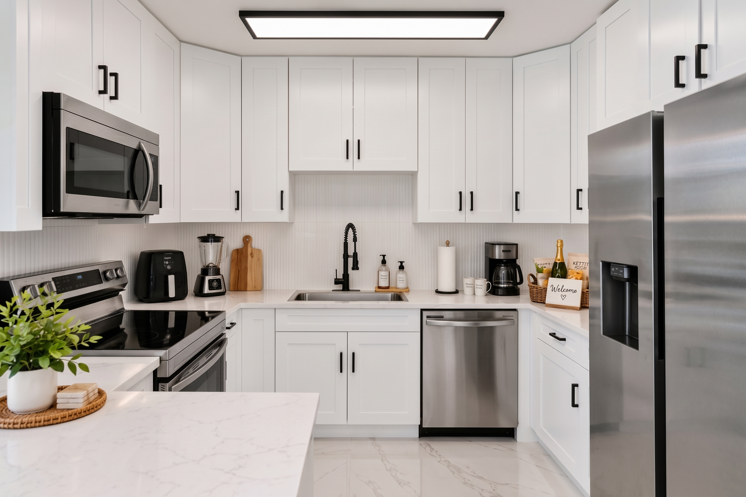 Bright modern kitchen with stainless appliances and stylish island