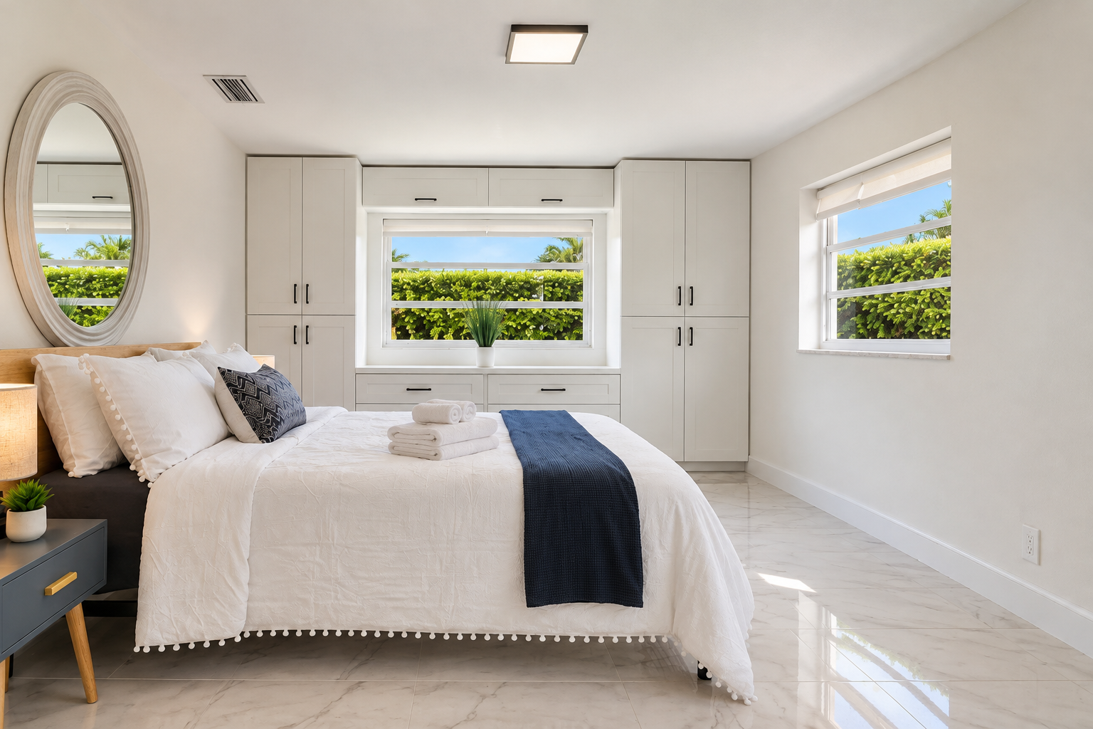 Bright bedroom with built-in storage and lush garden views