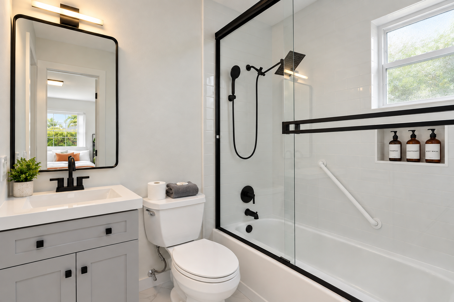Bright modern bathroom with glass shower, rainfall head, and stylish finishes