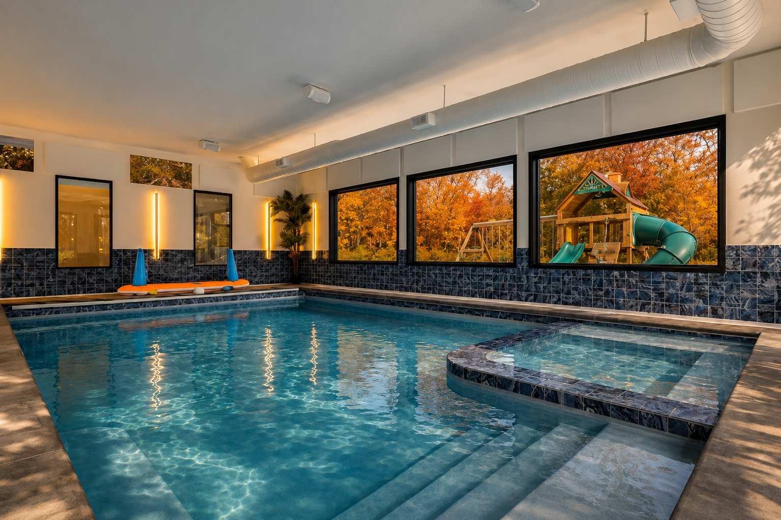 lux, indoor pool, vball, golf, game room, theater