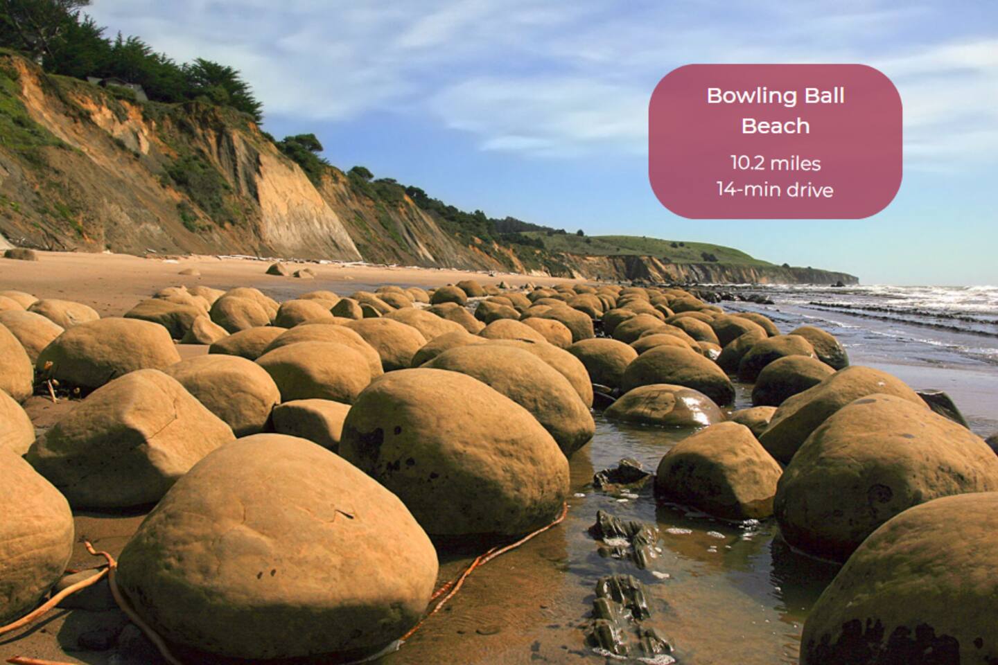 Marvel at the unique geological formations of Bowling Ball Beach, where spherical rocks dot the shoreline.