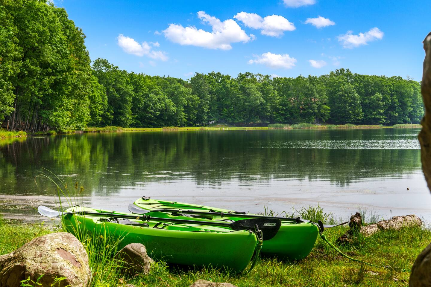 Kayaks and paddleboards ready at the lake's edge