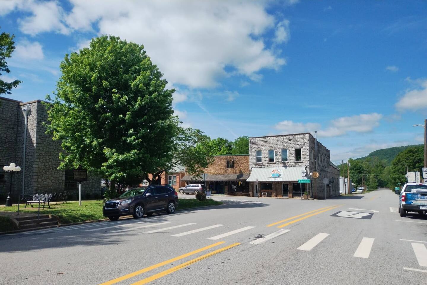 Downtown Jasper with pic of Ozark Cafe, oldest restaurant in Jasper, very reasonable and good food,also pictured is the court house.