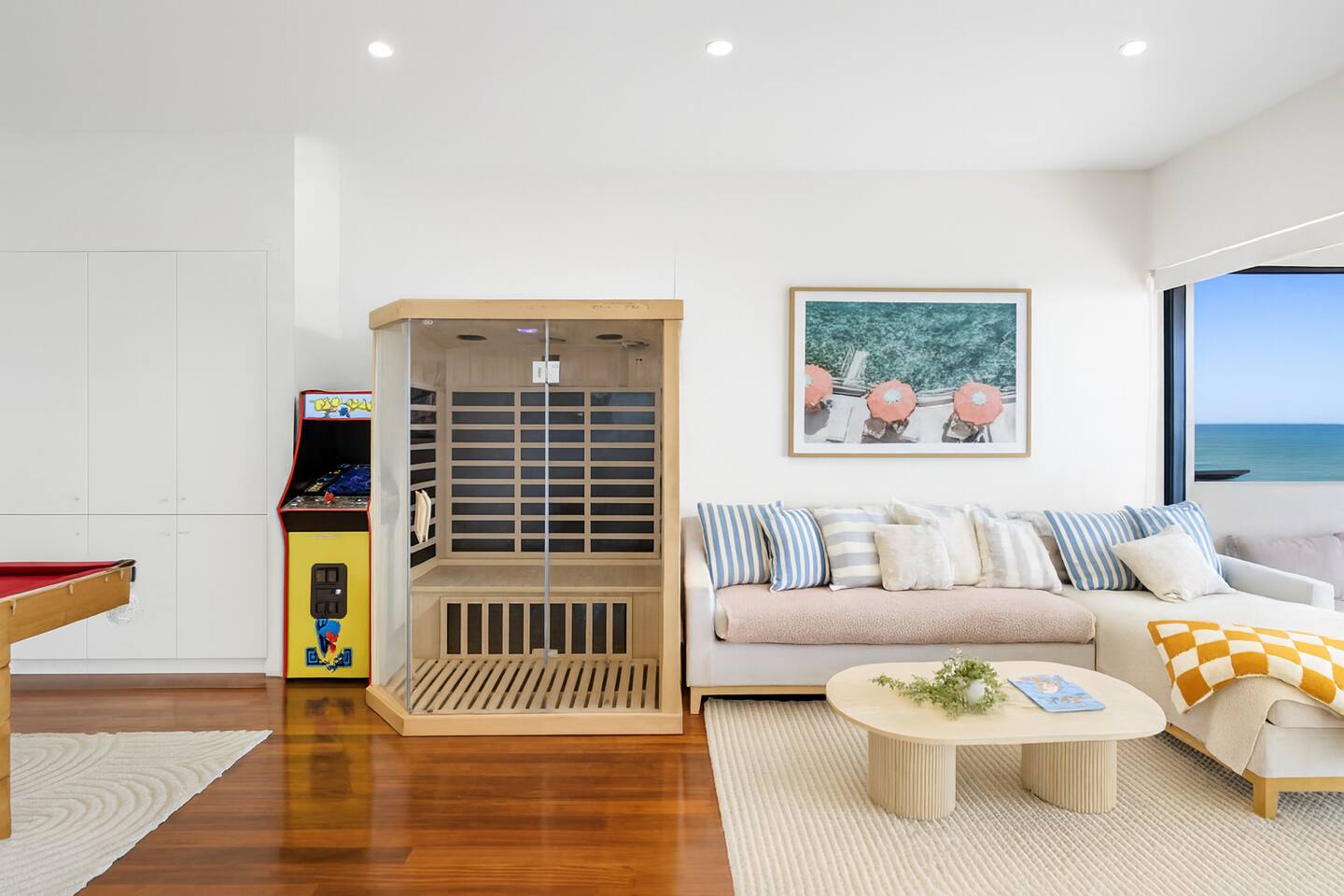Pac-Man machine and infrared sauna with sunset views