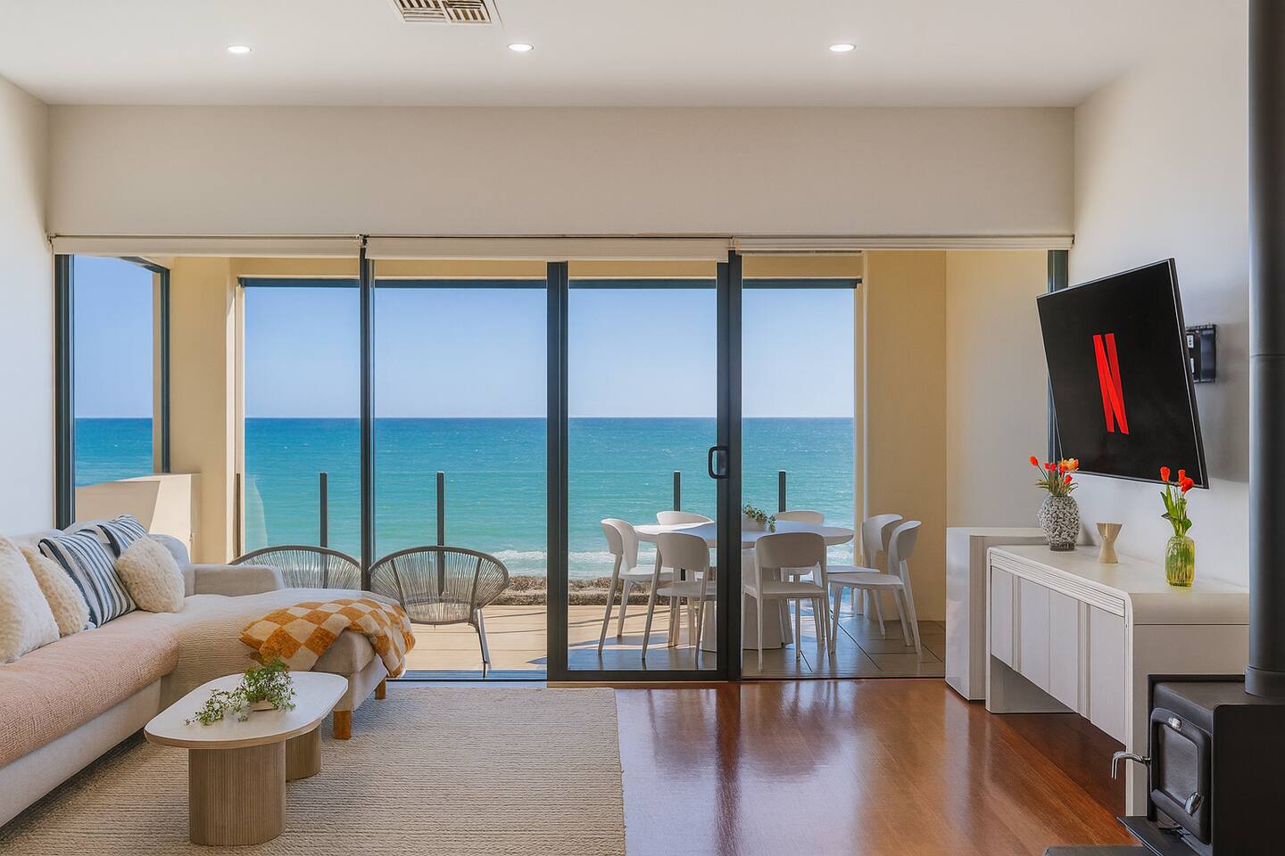Plush sofa with the ocean as your backdrop