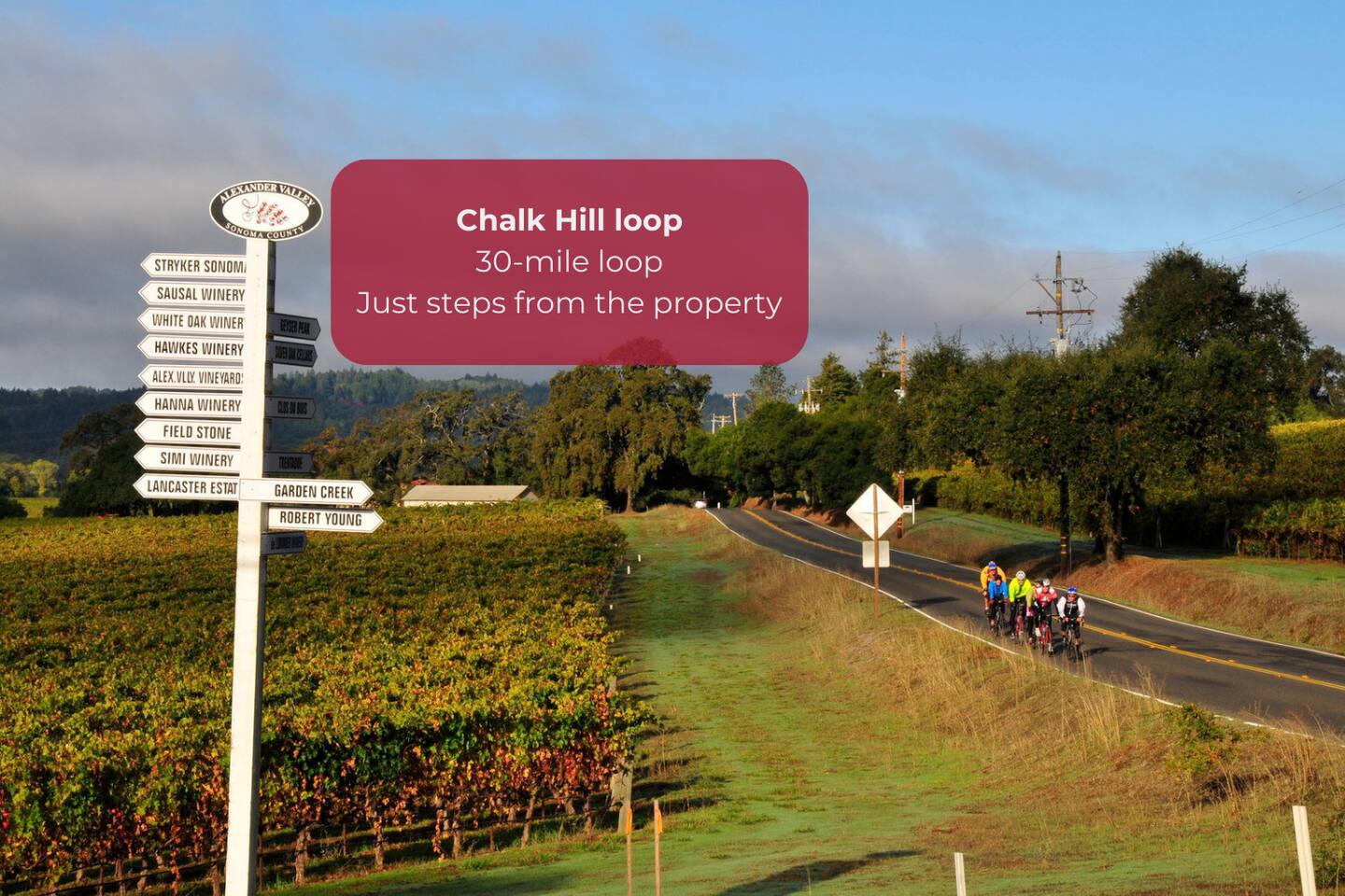 Explore the scenic Chalk Hill Loop, perfect for hiking, cycling, or soaking in wine country views.