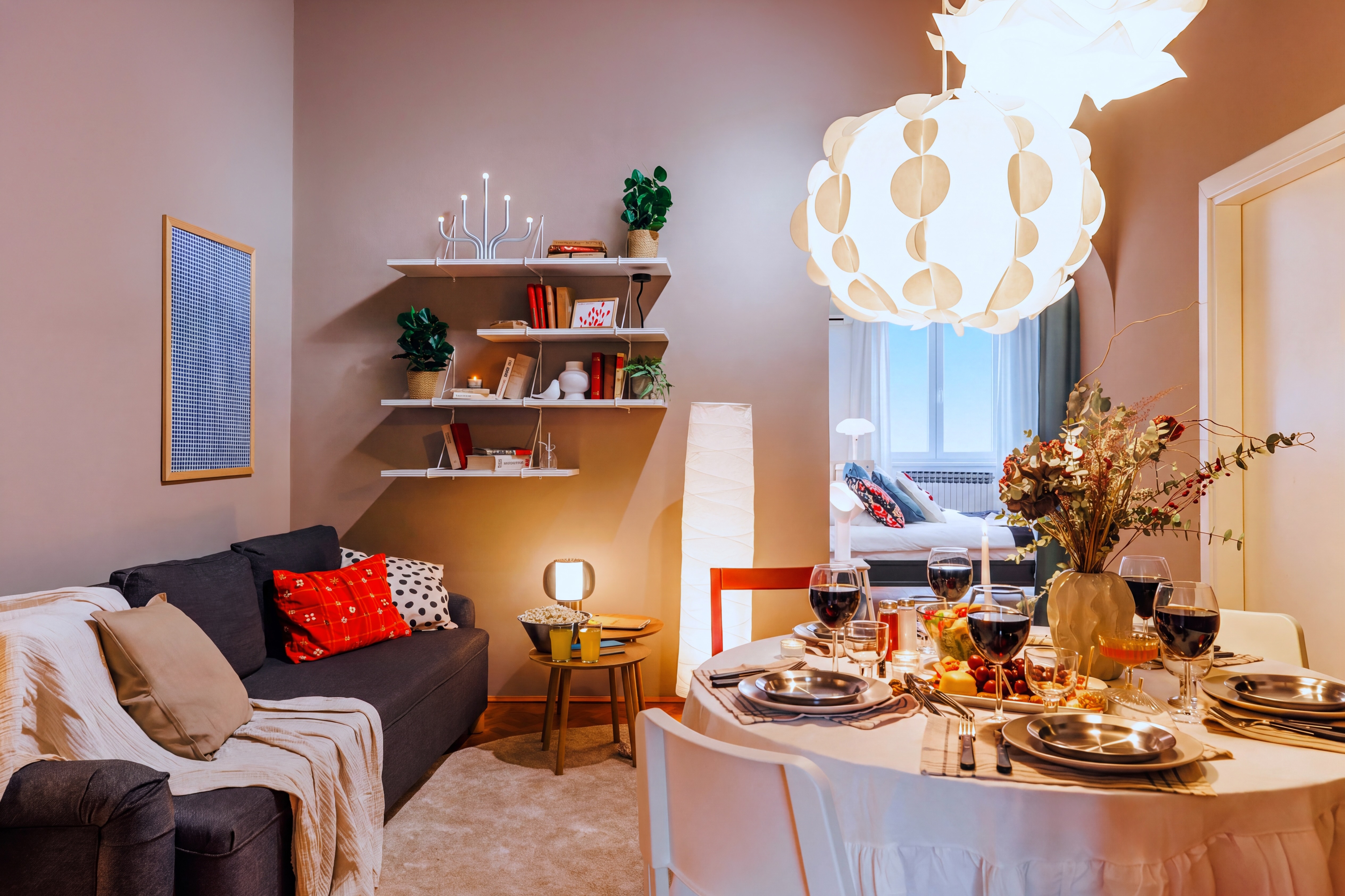 Cozy, stylish dining-living space set for a warm and welcoming stay