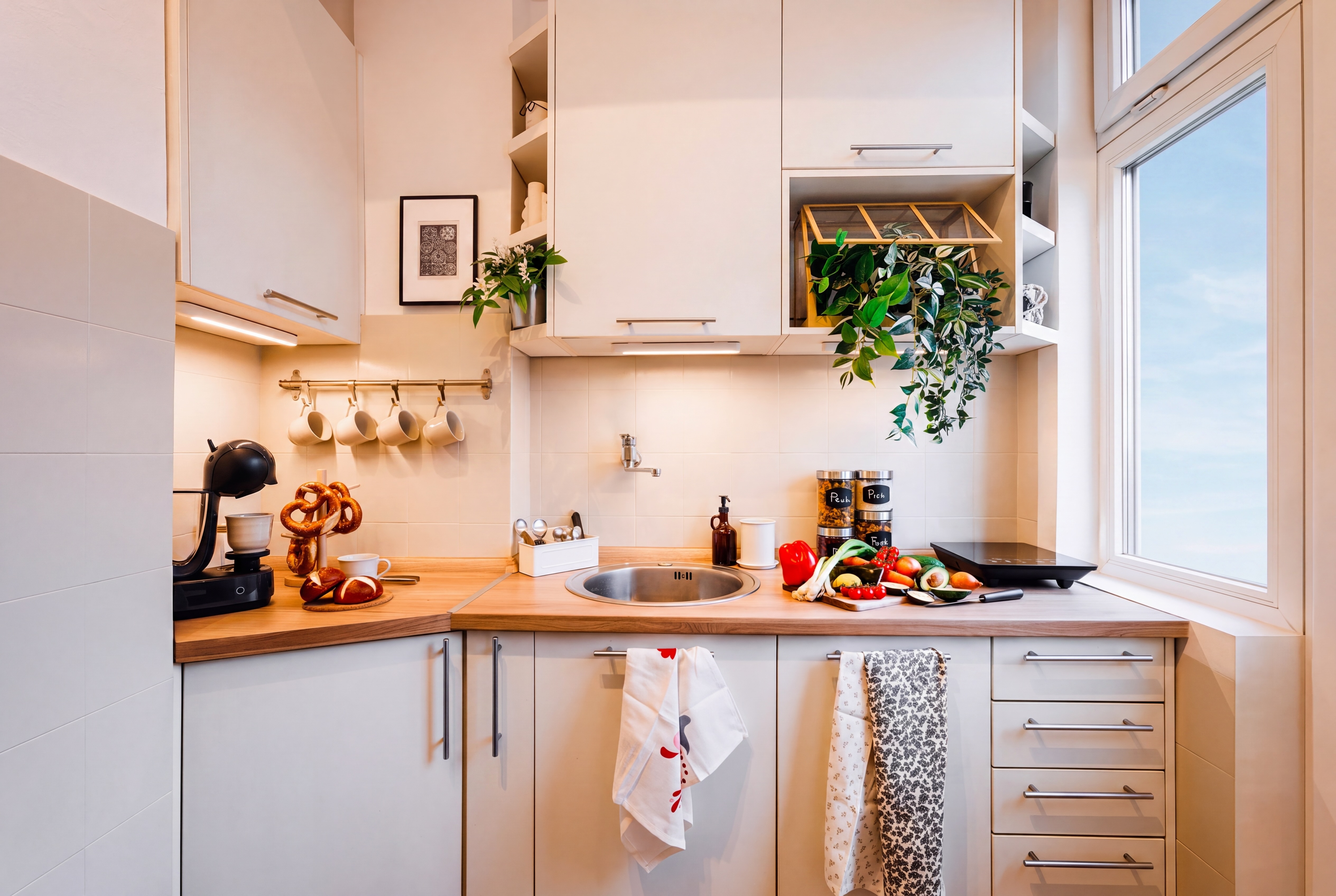 Bright modern kitchen with natural light, warm wood counters, and stylish details
