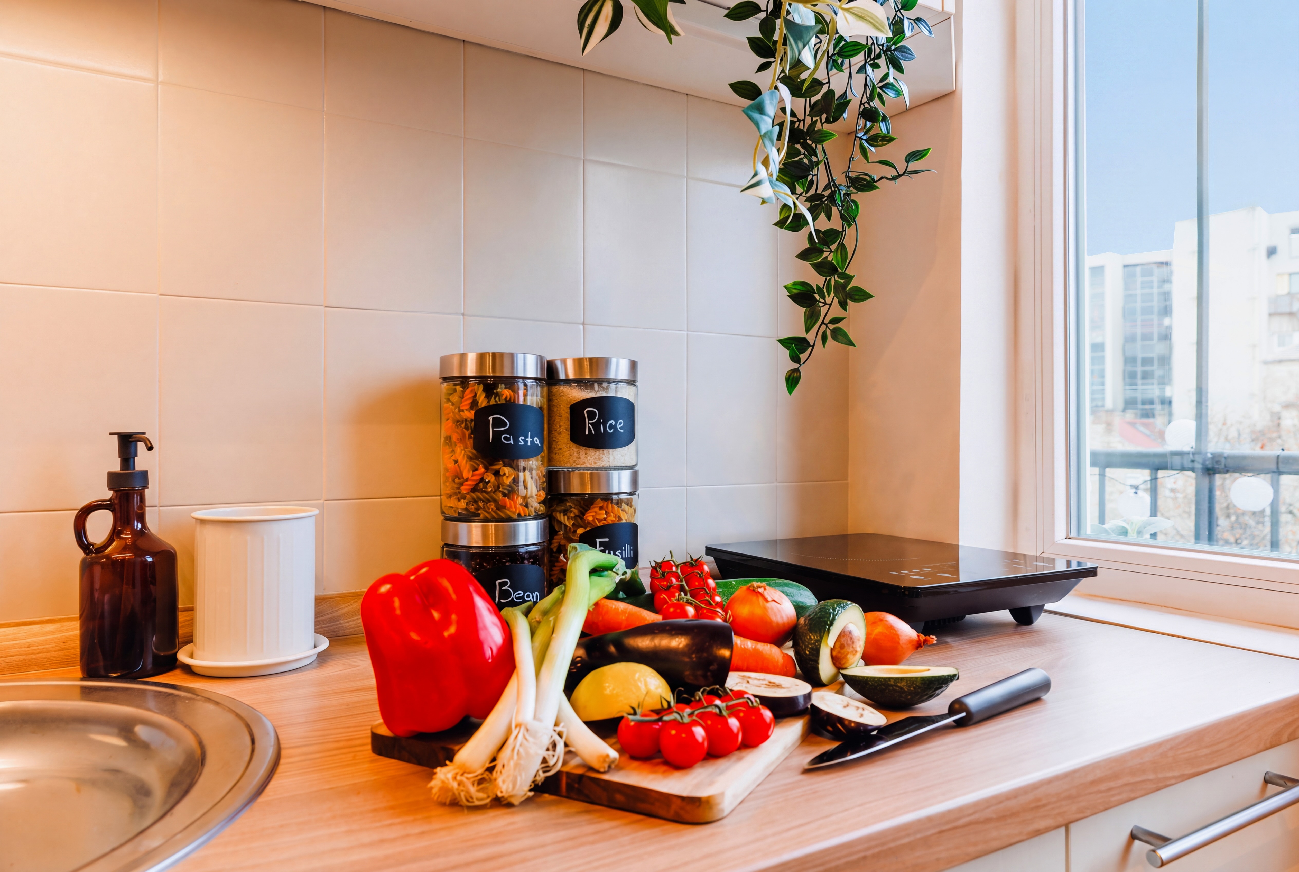 Bright modern kitchen with natural light and fresh cooking space