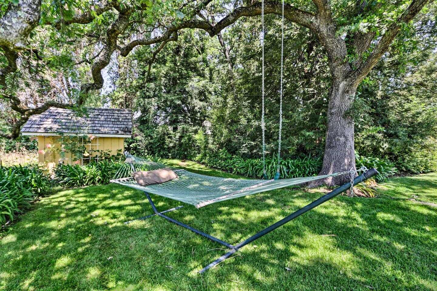 Relax and sway—unwind in the hammock or enjoy the tree swing beneath the shade.