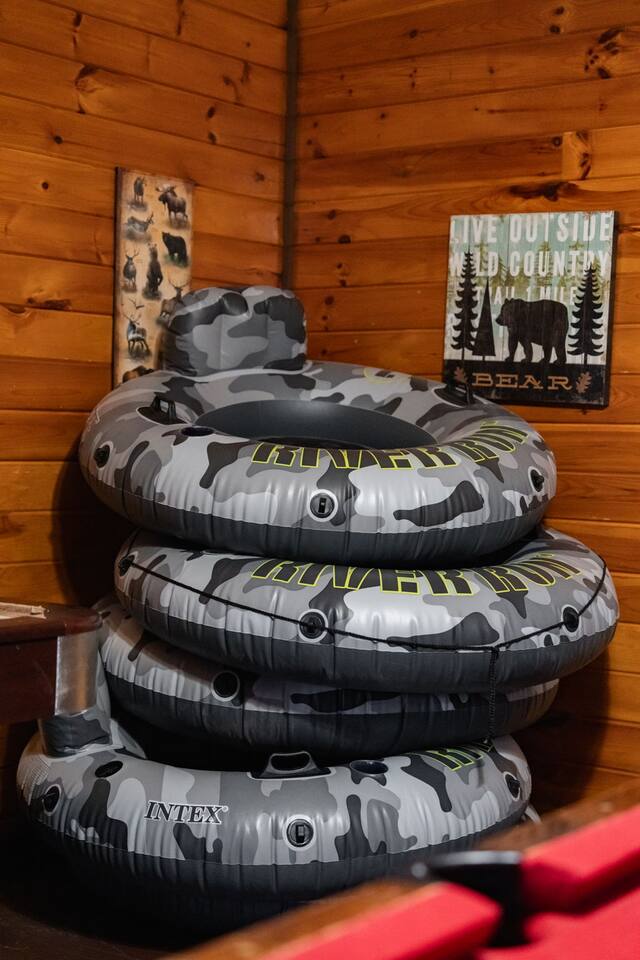 A stack of river tubes supplied for guests