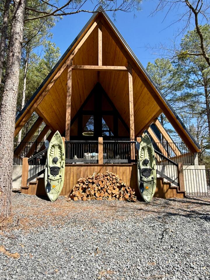 Two kayaks for use at the body of water by the cabin with a signed agreement