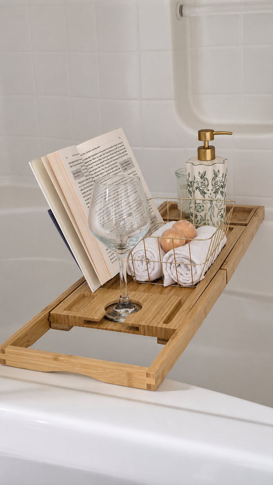 Spa-style soaking tub with elegant bath caddy for a relaxing retreat