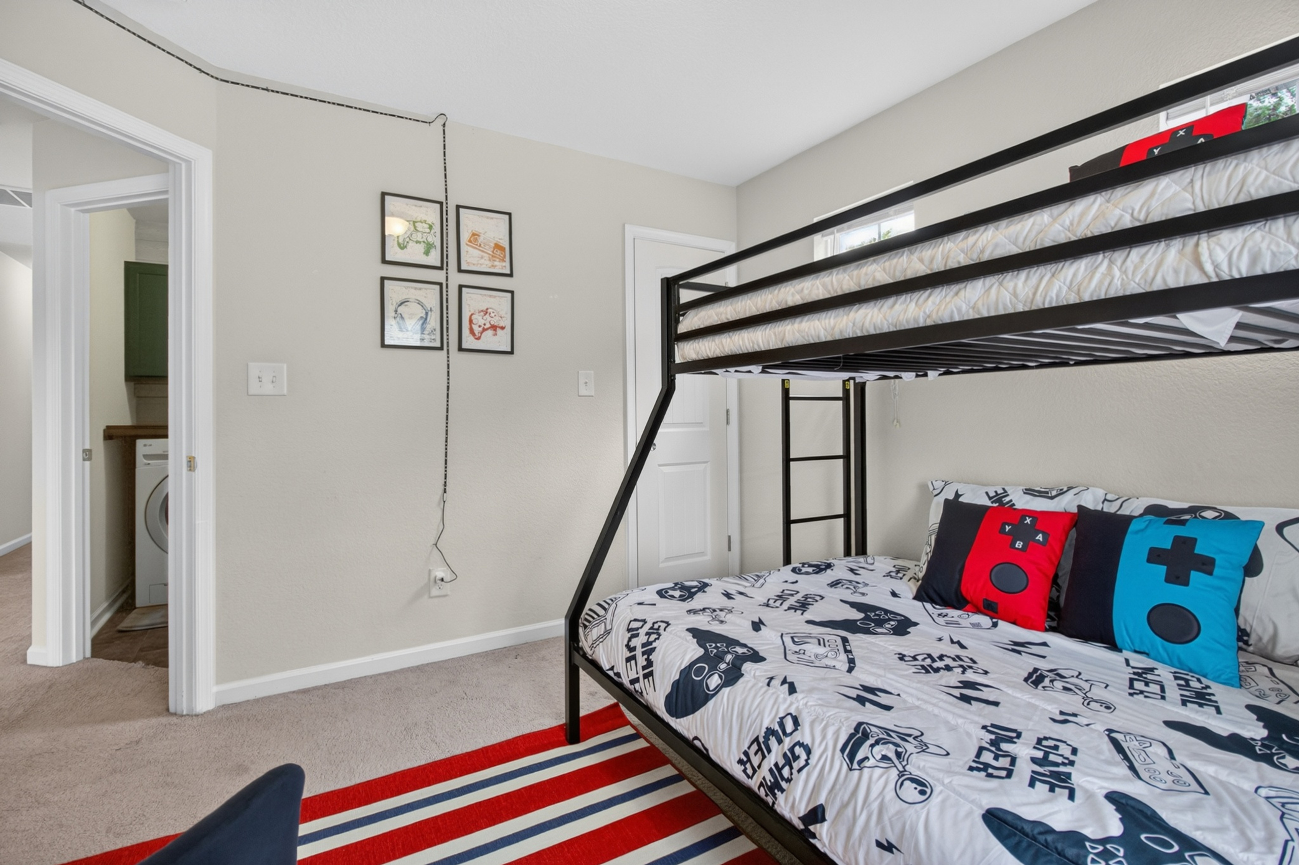 Fun bunk room with gaming theme—perfect for kids, siblings, or extra guests