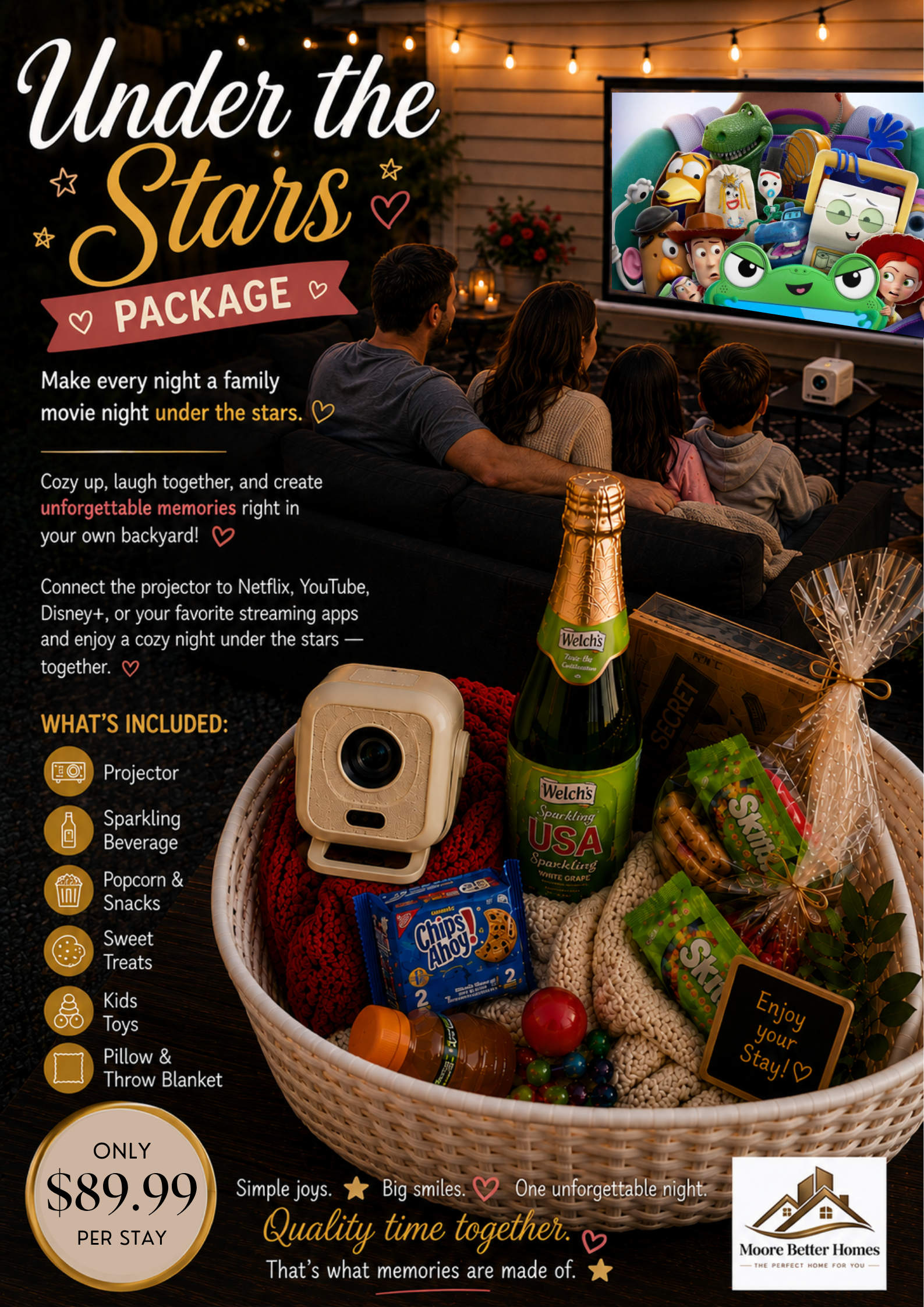 Cozy backyard movie night package with projector, treats, and family fun