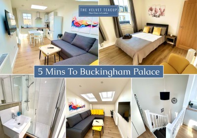 Sunny flat 5 mins to Buckingham Palace—open-plan, cozy bed, sleek shower.
