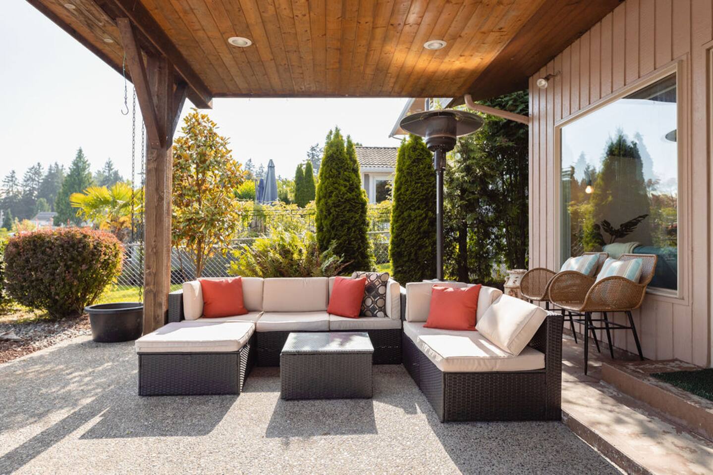 Private outdoor covered patio with heat lamp