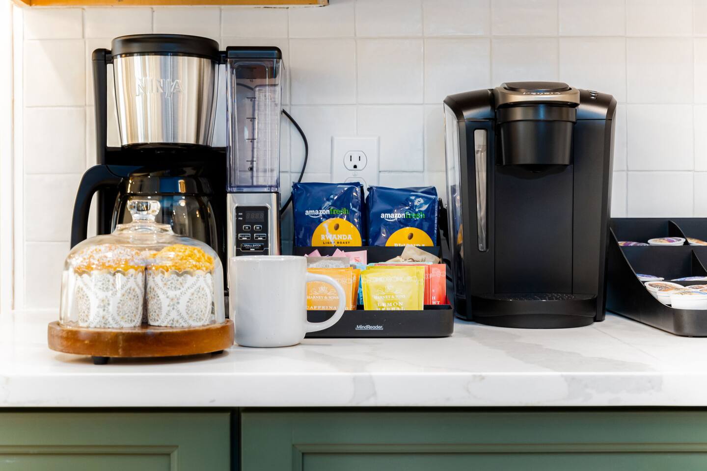 Coffee bar with a drip maker, a single-cup brewer and snacks