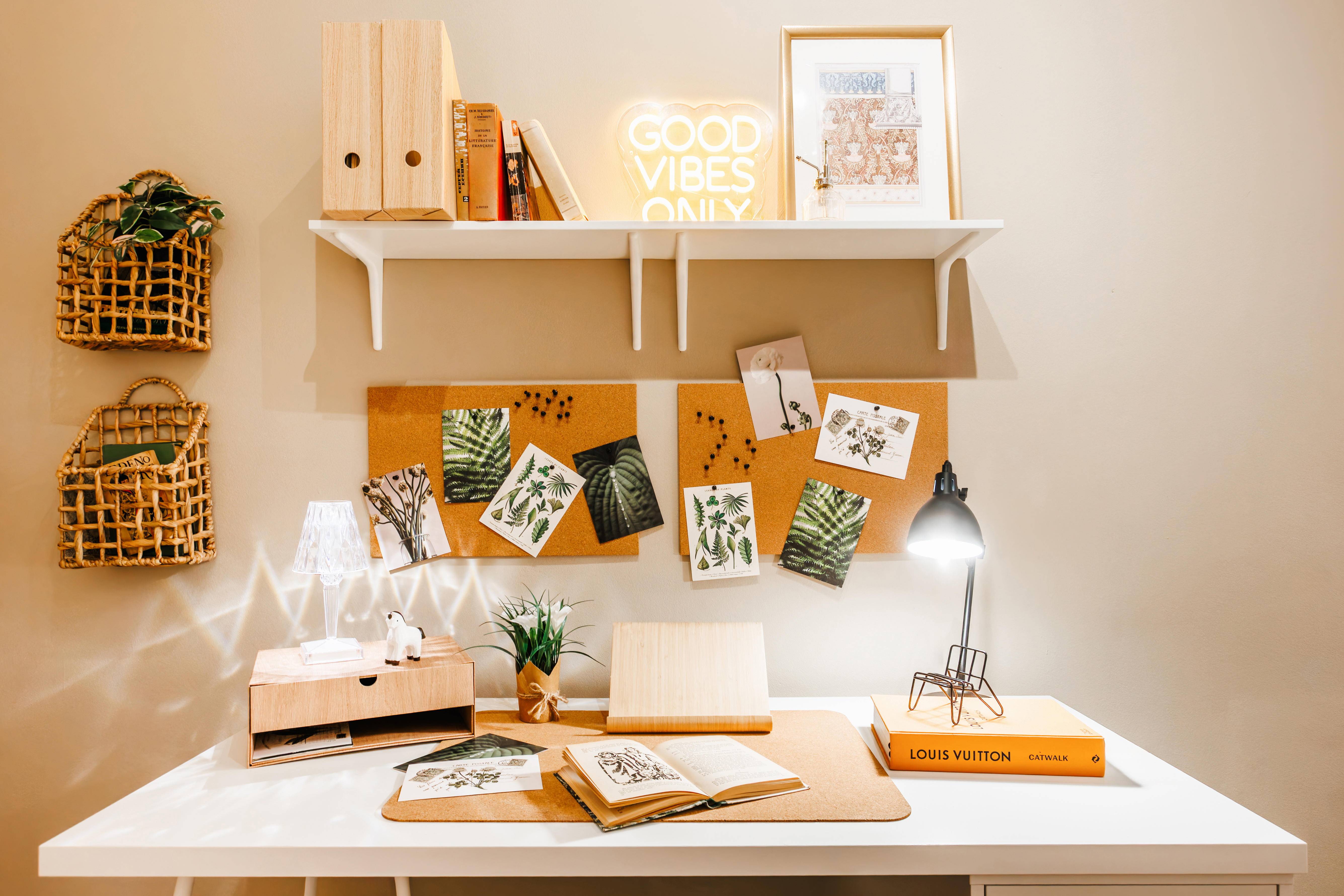 Stylish, sunlit workspace with warm decor and inspiring design touches