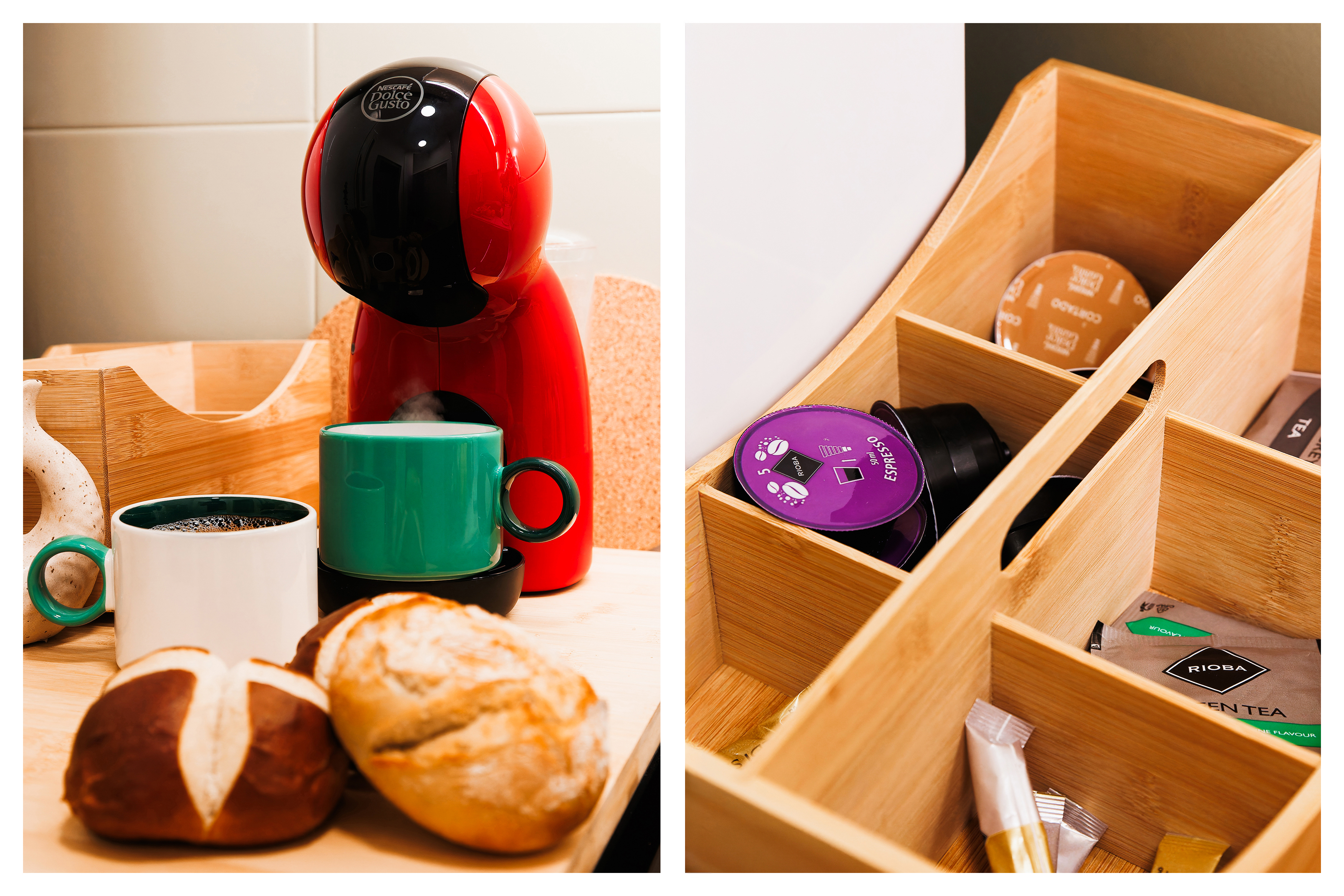 Thoughtful coffee & tea station with fresh pastries for a cozy stay