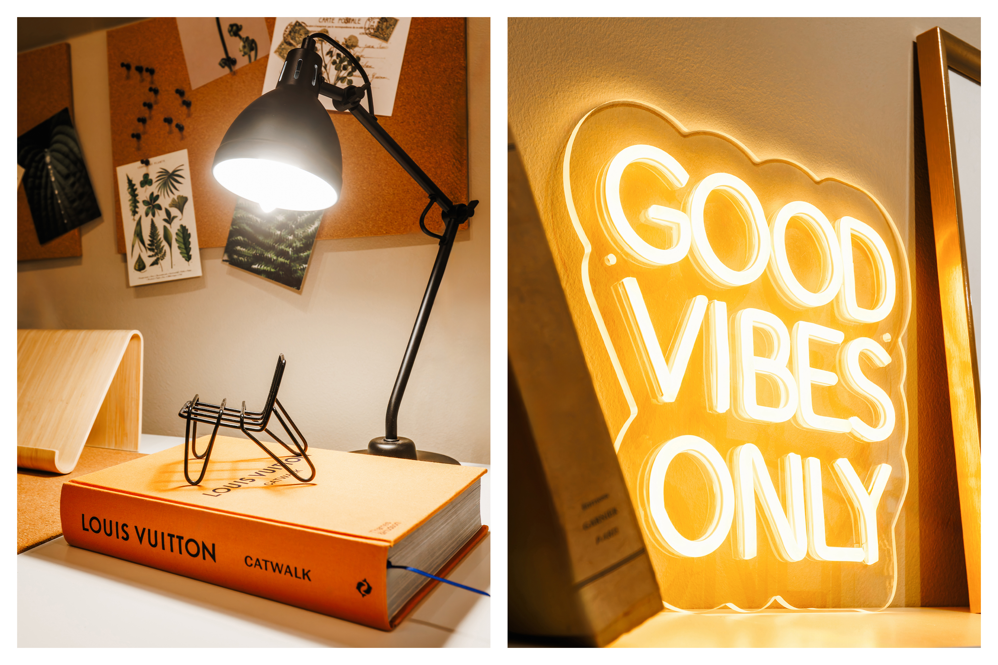 Warm, stylish decor with a fun neon glow and boutique design touches