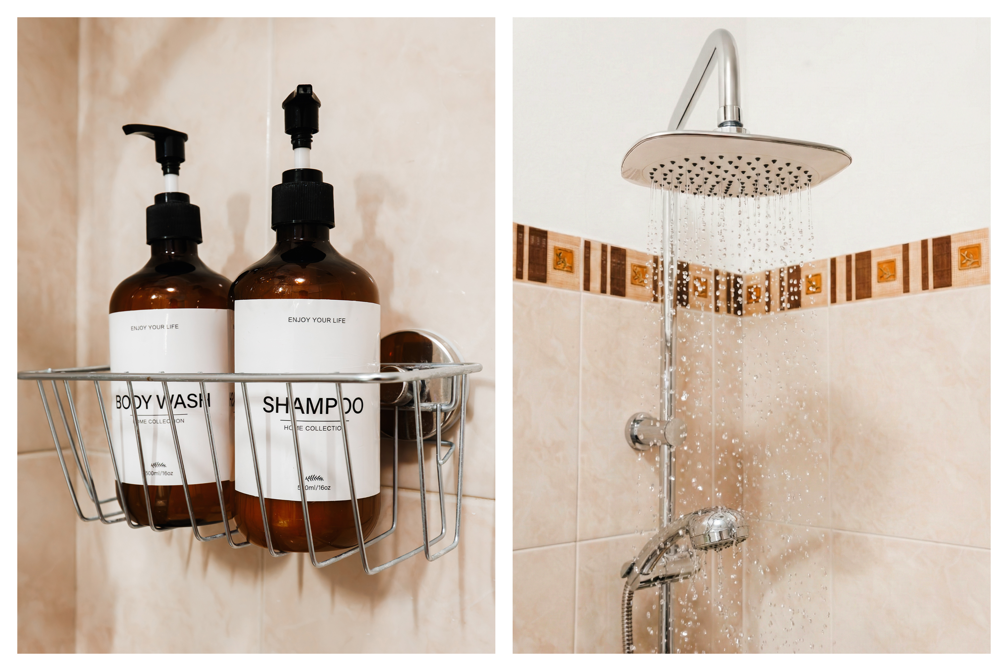 Rainfall shower with sleek bath amenities for a spa-like refresh