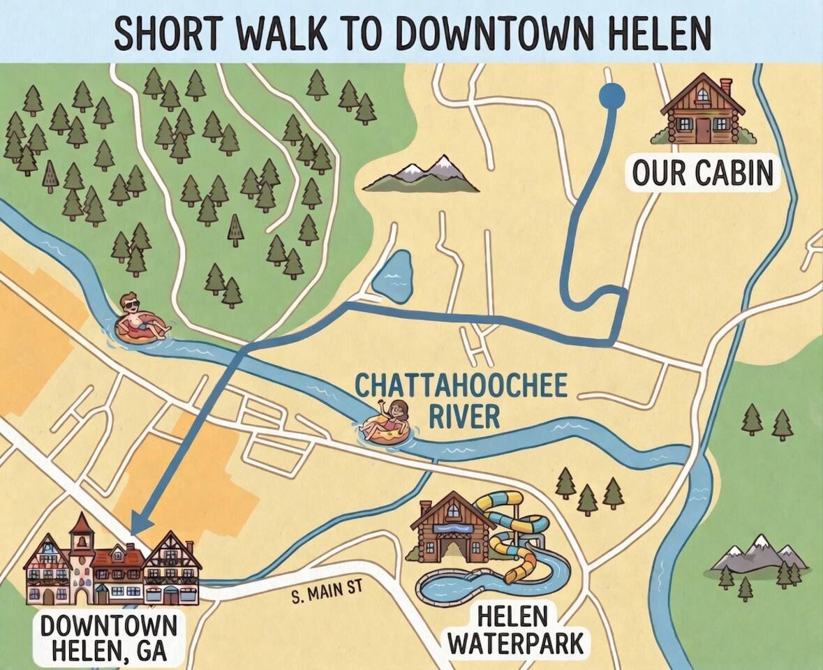 Our cabin is a very short walk to Downtown Helen, the River, and the Helen Water Park