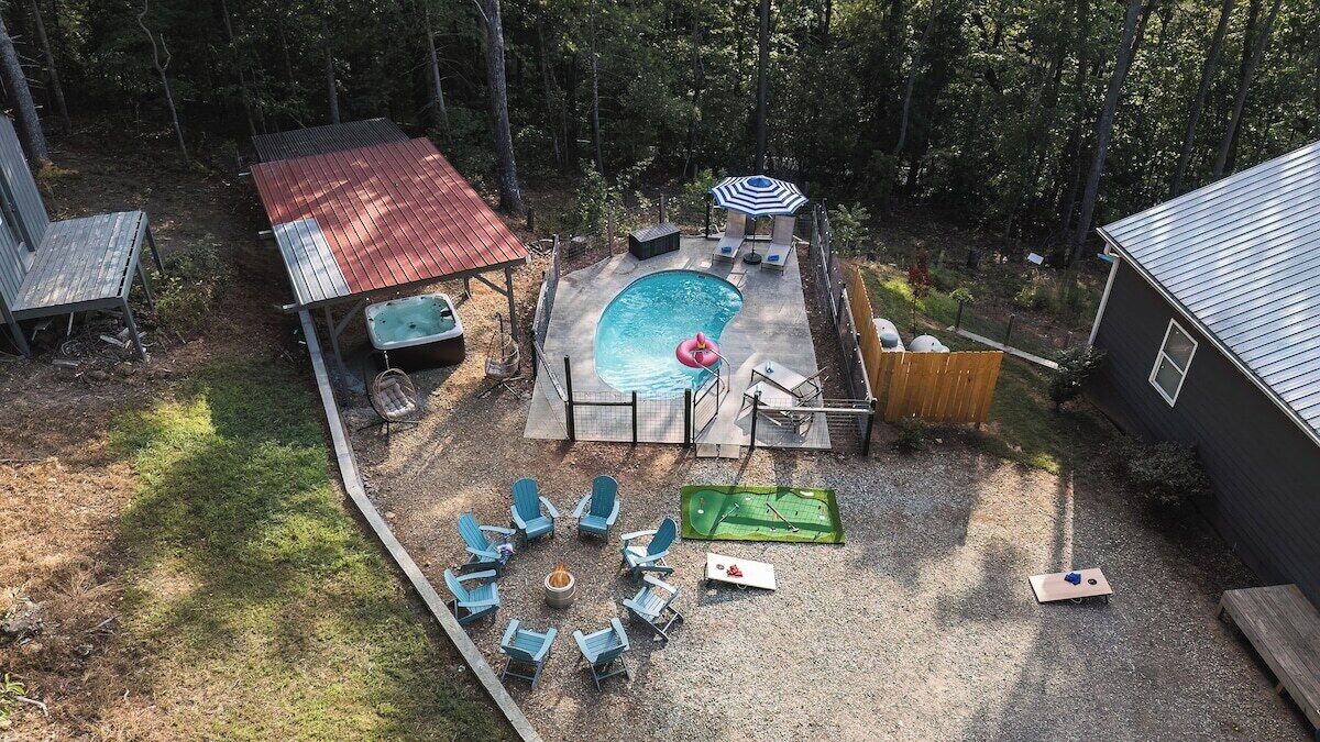 Private pool, hot tub, corn hole, mini golf, and hanging egg chairs
