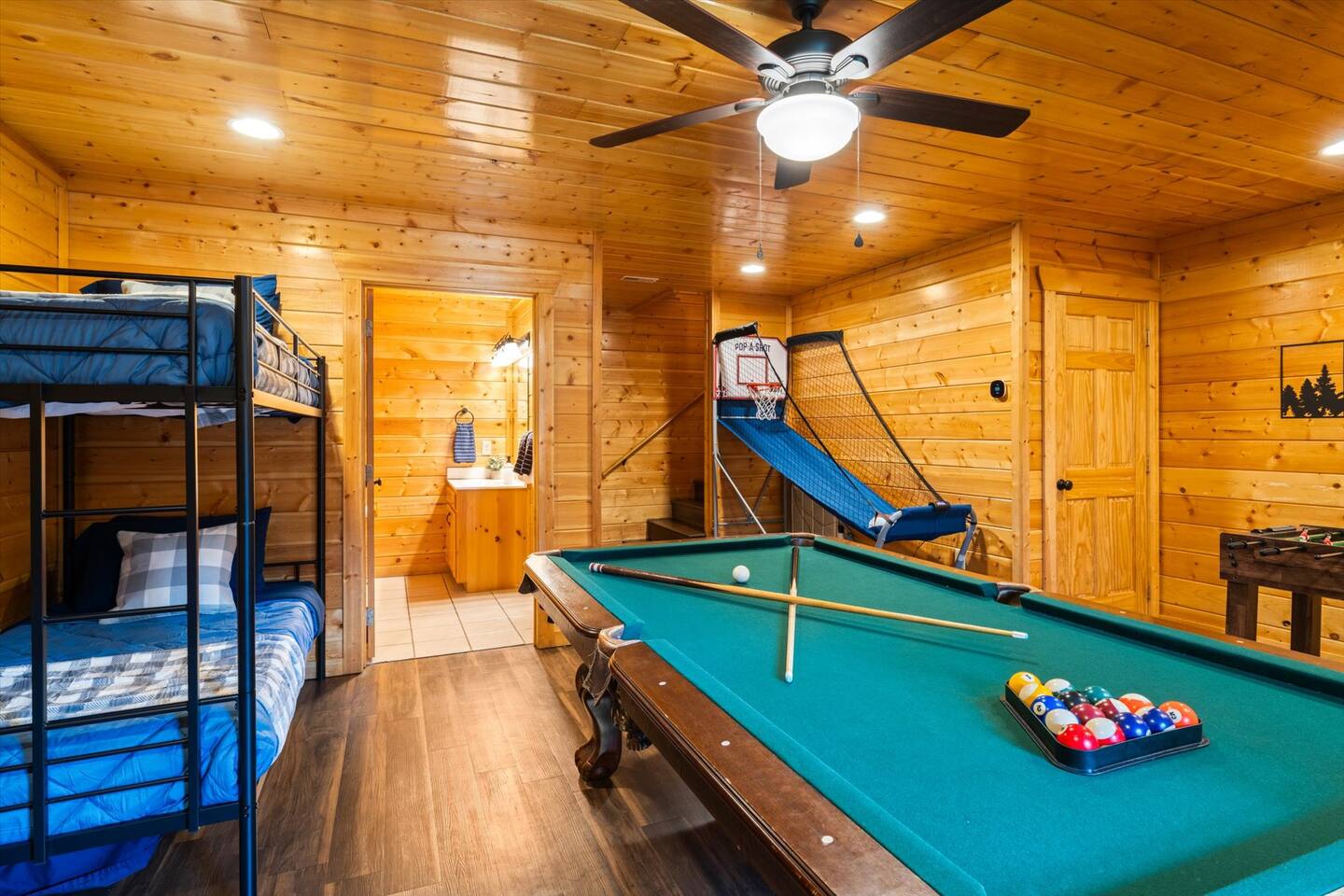 Twin bunk, Pool table and Pop-A-Shot with adjoining bathroom