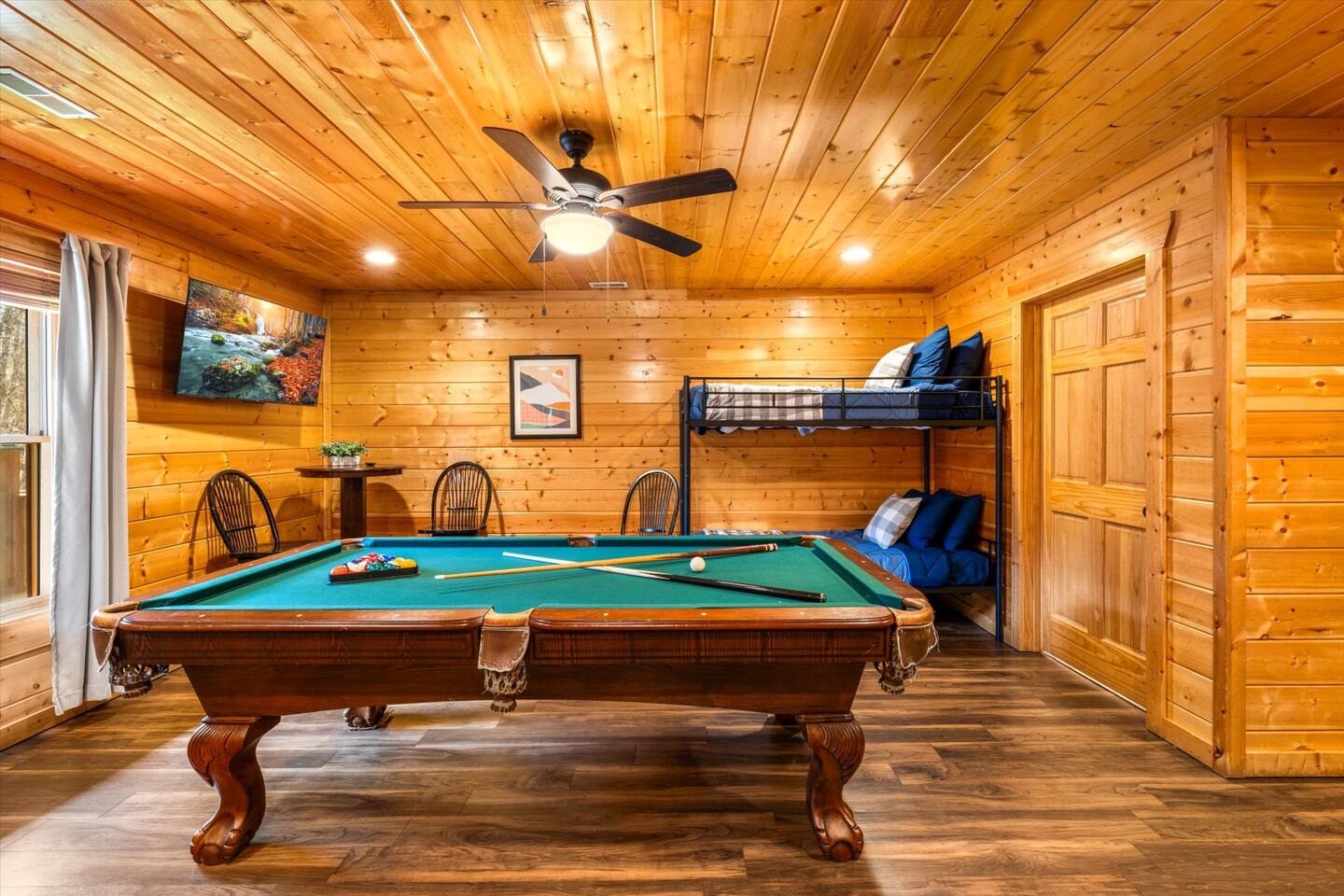1st floor includes a game room with a twin bunk, pool table, Roku TV, and more