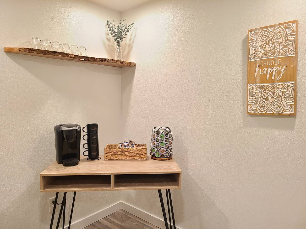 Coffee station with a Keurig, and snacks. A perfect spot to start your day.