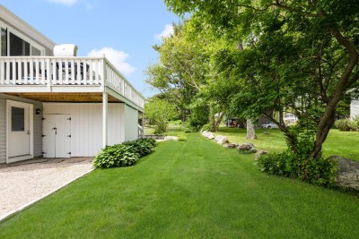 Elevated deck overlooking backyard