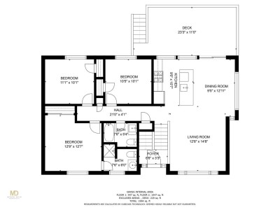 Floor Plans for upper level with 3 Bedrooms, Full Bath, Open Kitchen and Dining  Room, Living room and 250sf elevated deck with outdoor seating and propane grill