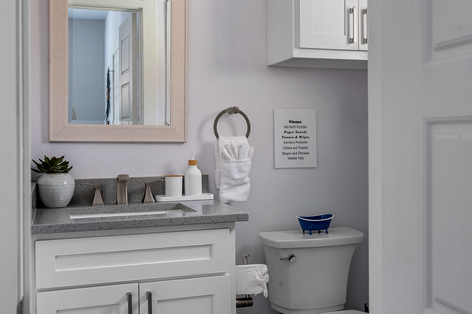 Bright modern bathroom with updated vanity and thoughtful guest touches