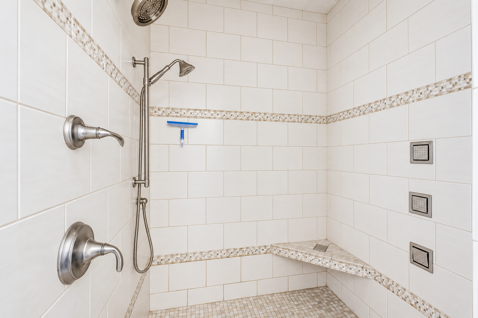 Spacious tiled walk-in shower with rainfall head and built-in bench