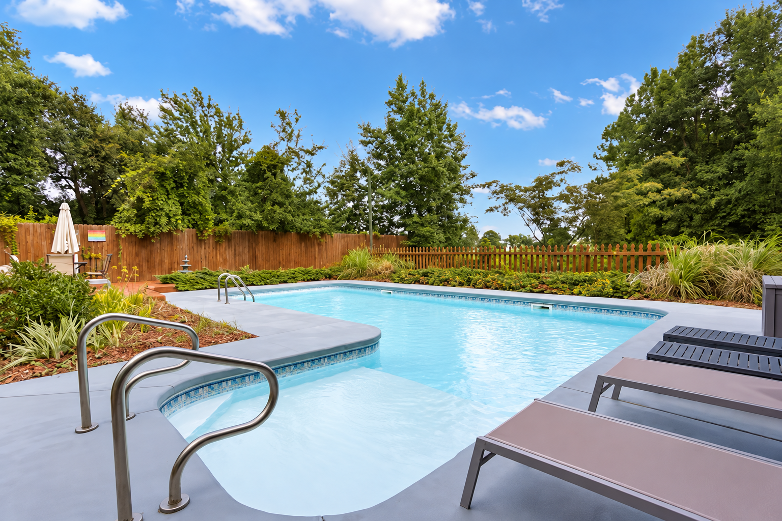 Private resort-style pool with loungers and serene landscaped backyard