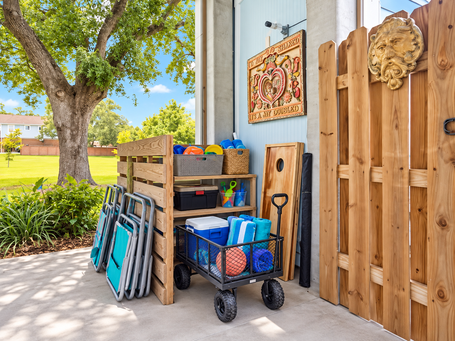 Outdoor fun station with chairs, coolers, and games ready to enjoy