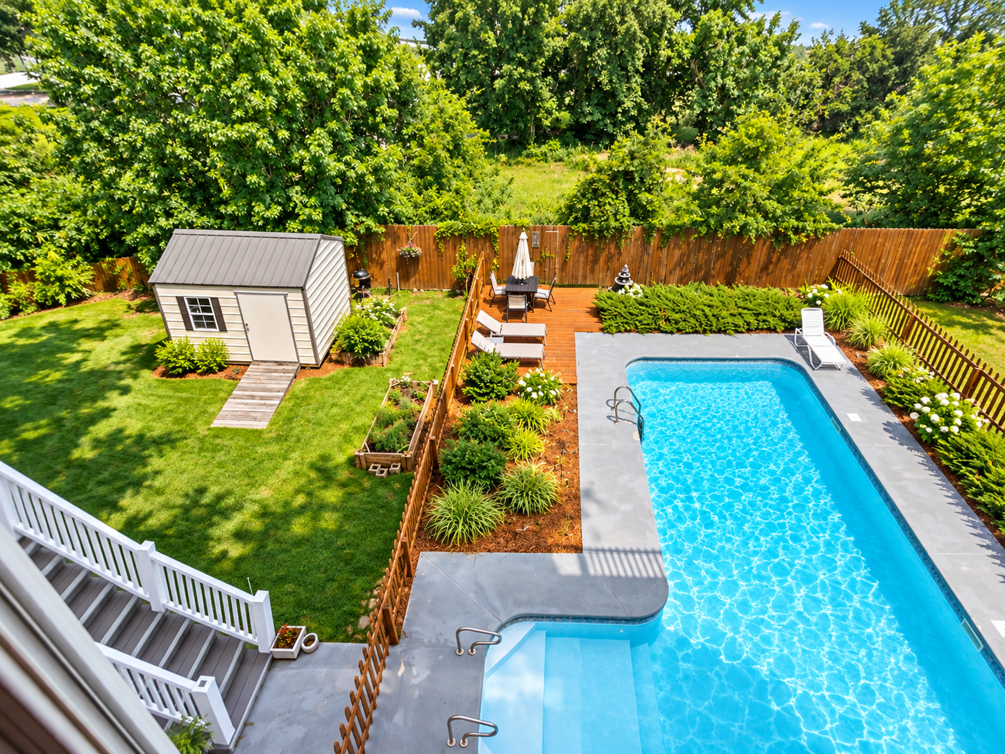 Resort-style backyard with sparkling pool, lush lawn, and private lounge deck