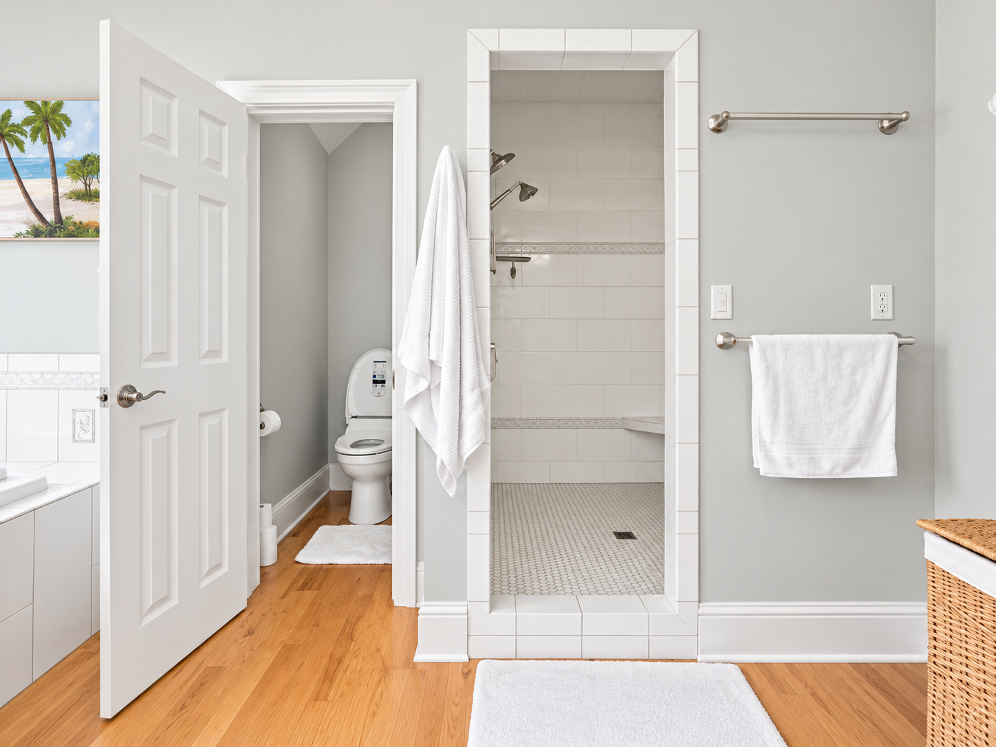 Bright spa-like bath with walk-in tile shower and separate toilet room