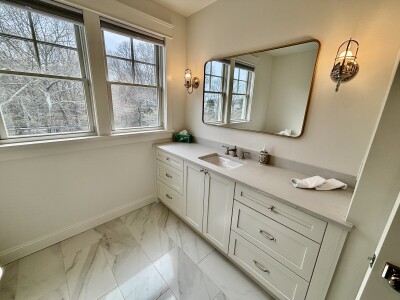 Bright spa-like bathroom with wooded views and elegant modern finishes