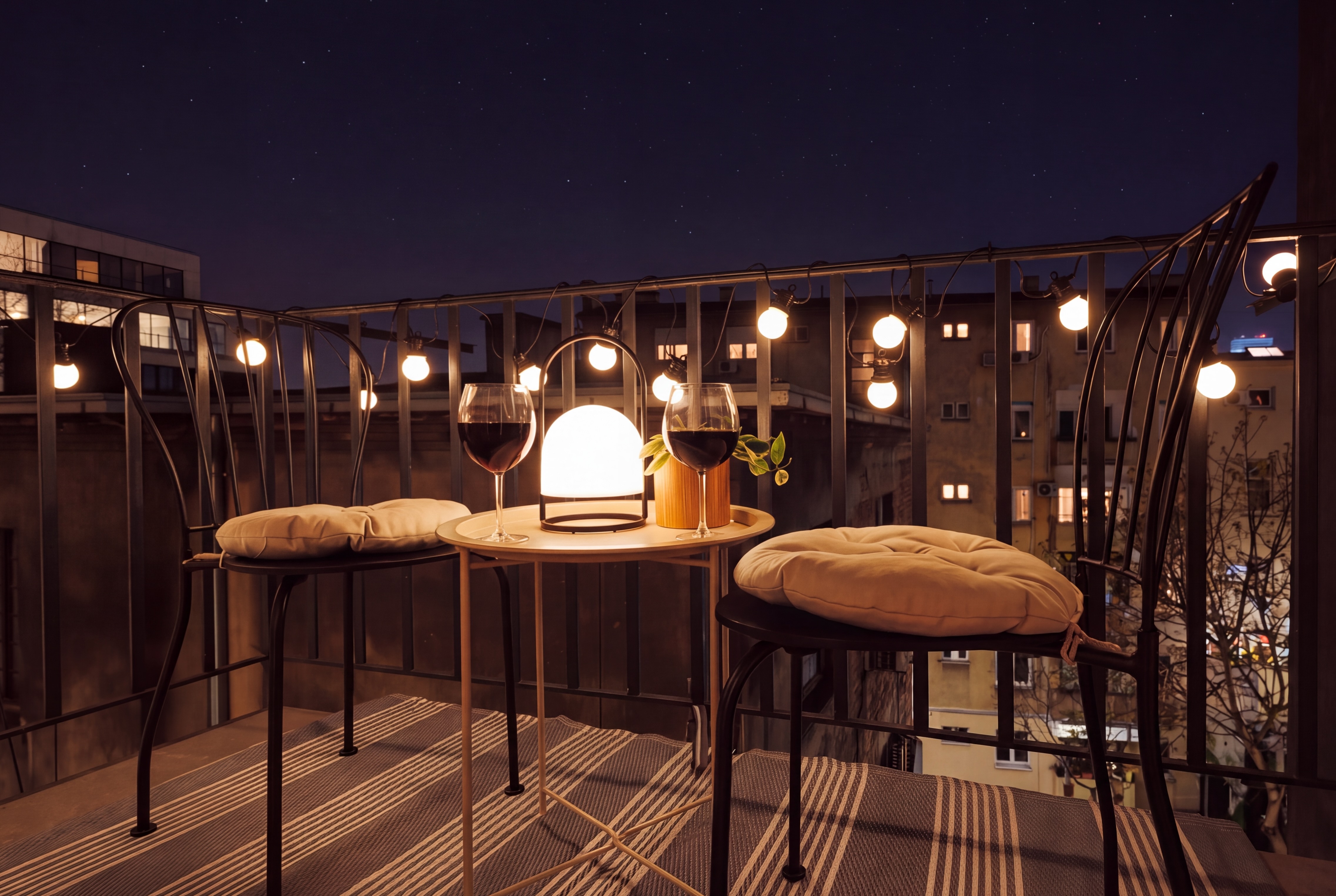 Cozy city-view balcony with string lights and wine at night