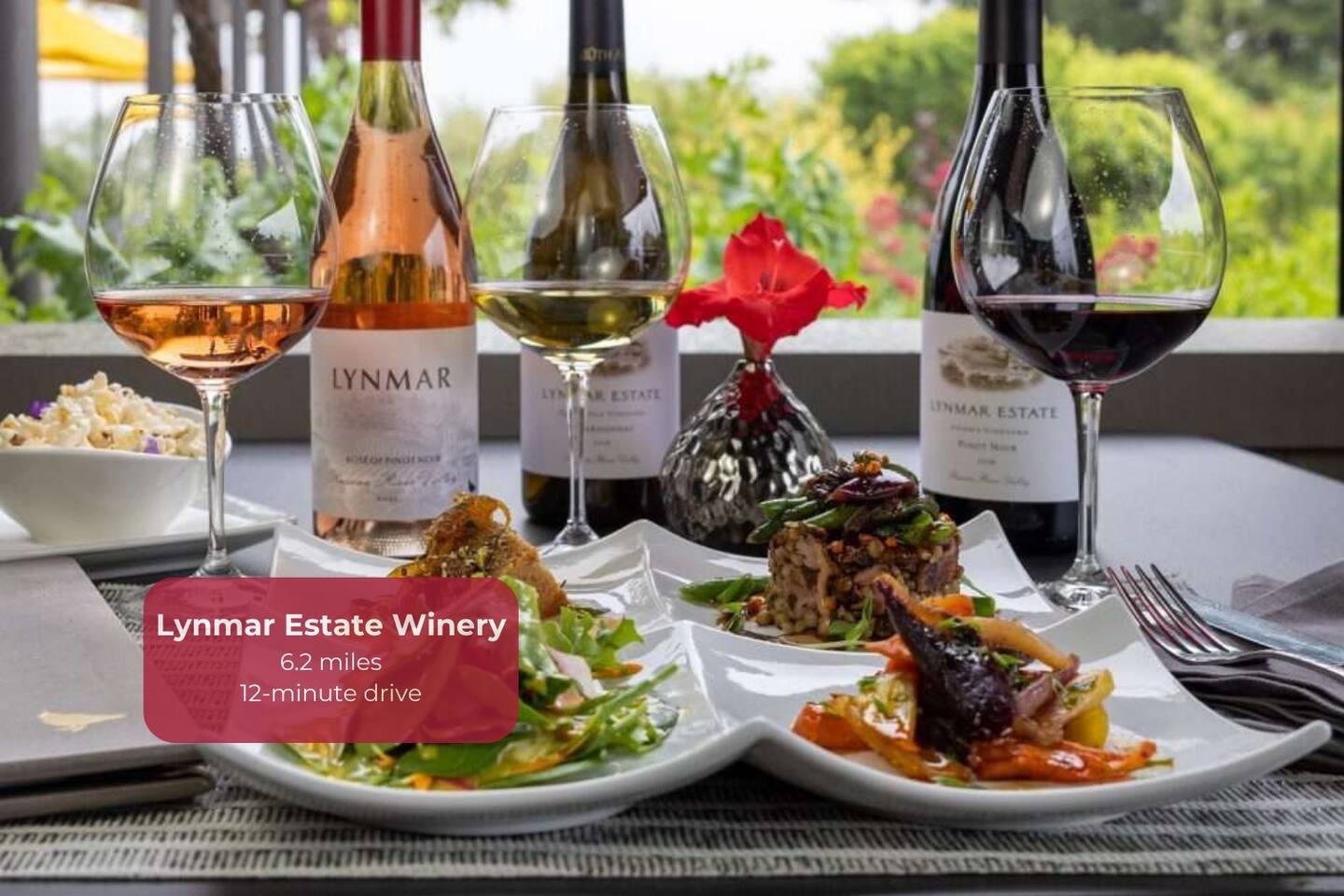 Delight in seasonal wine and food pairings (March–November) amidst breathtaking garden views for a true feast of the senses.