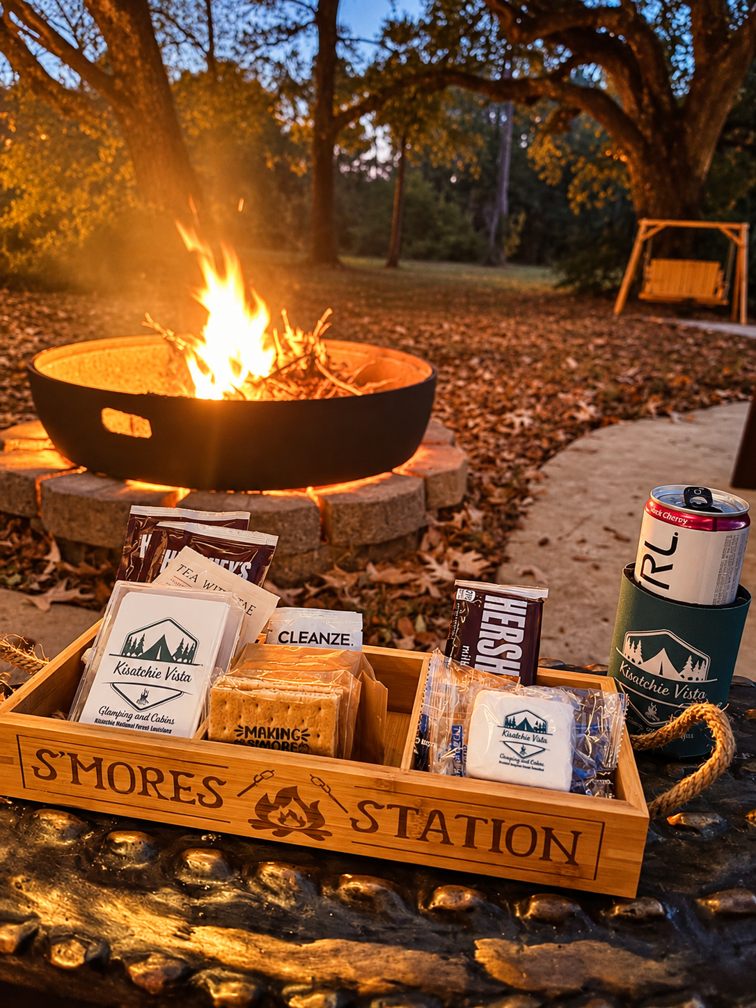 Cozy fire pit nights with a private s'mores station under the trees