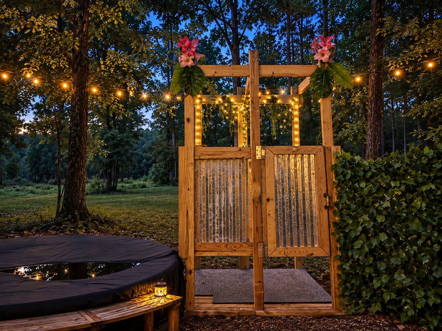 Enchanting outdoor shower and soaking tub under twinkling forest lights