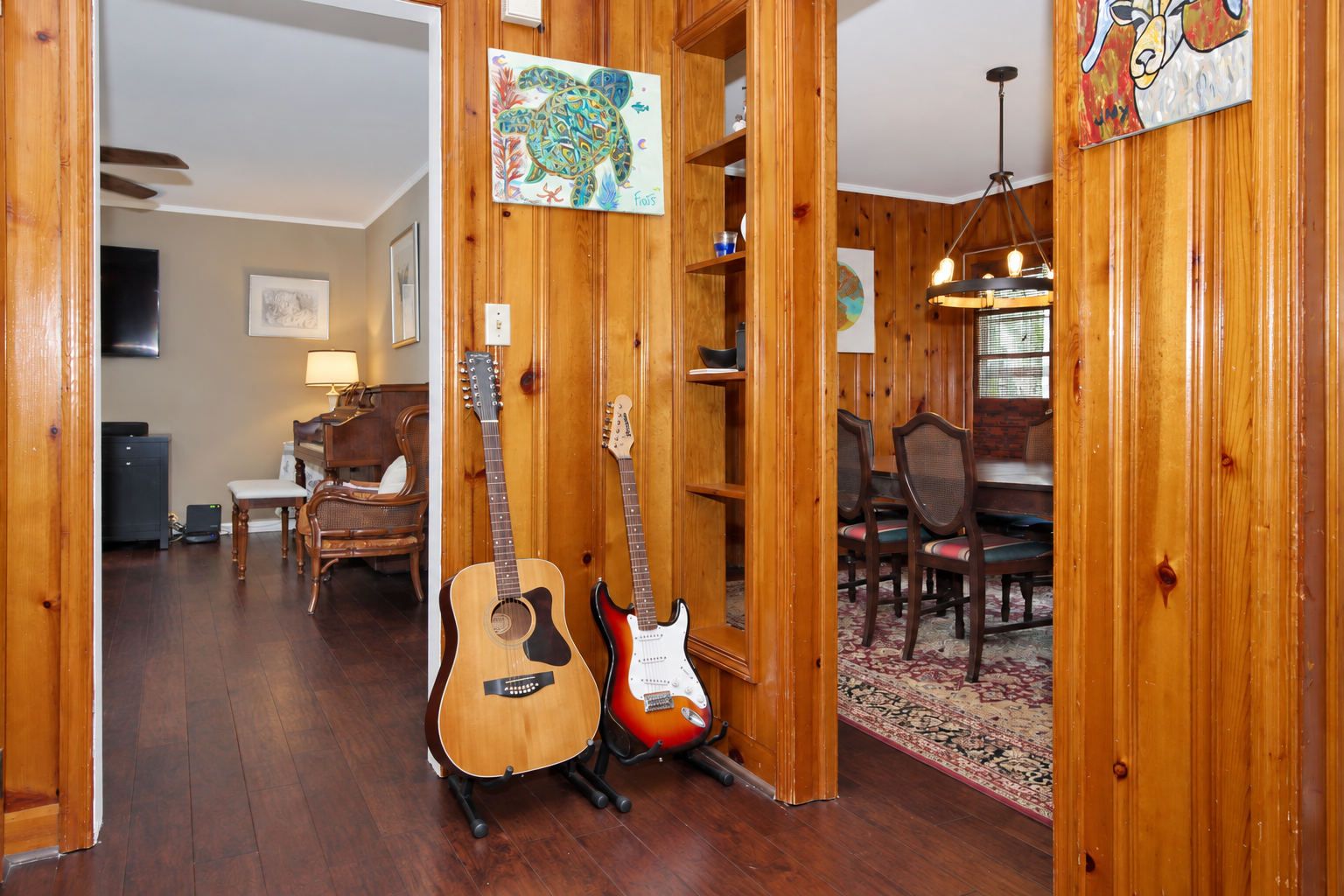 Charming wood-paneled interior with cozy dining space and classic character