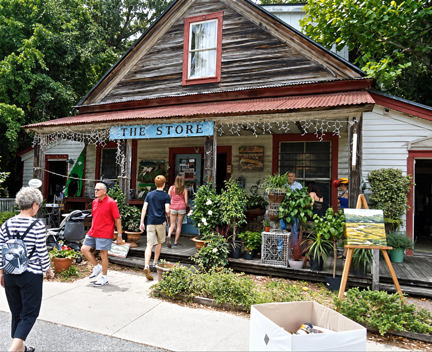 Charming rustic storefront with inviting porch and lush greenery
