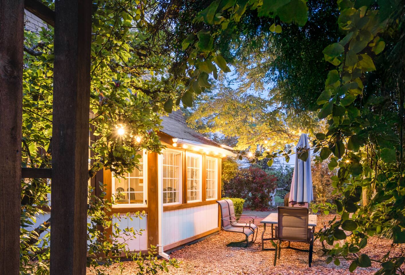 Gather, relax, and enjoy nature under the glow of evening lights.