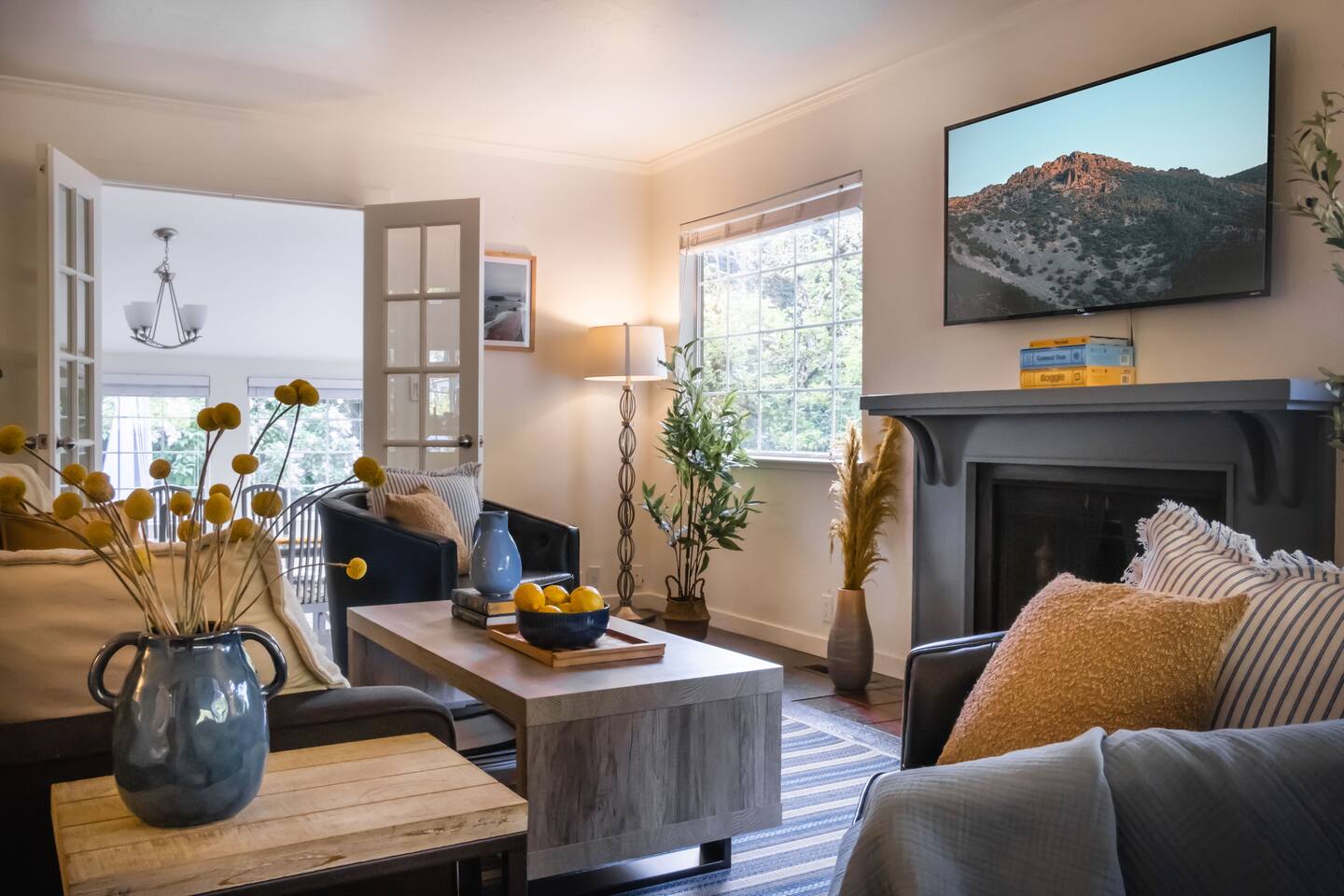 Cozy up by the fire and catch your favorite shows.