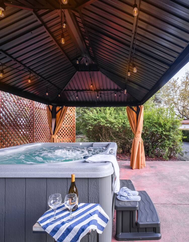 Evenings are better with a warm soak and soft outdoor lighting.