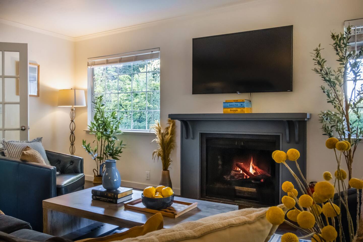 Cozy up by the fire and catch your favorite shows.